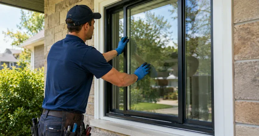technician measuring a broken window pane for replacement in Woodbine Heights, East York