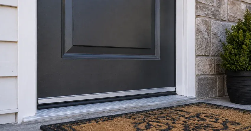 technician replacing worn door weatherstripping in East York home