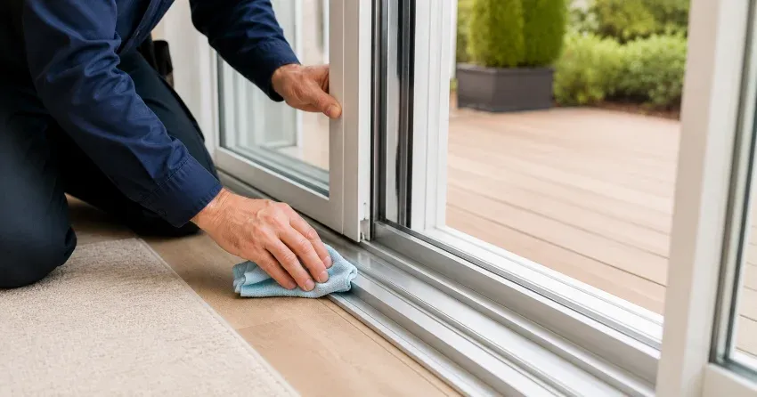 technician inspecting a sliding patio door track in East York
