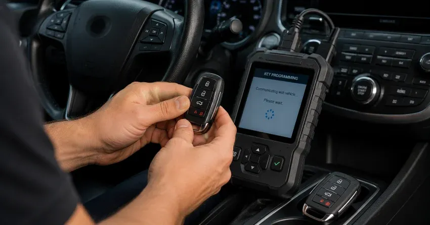 technician inspecting a worn car key before replacement in Bennington Heights, East York