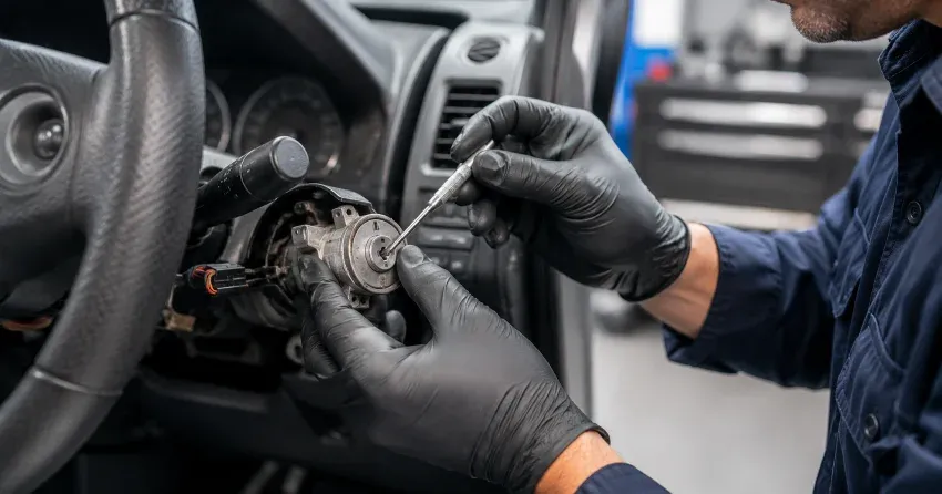 technician diagnosing an ignition lock repair issue in East York