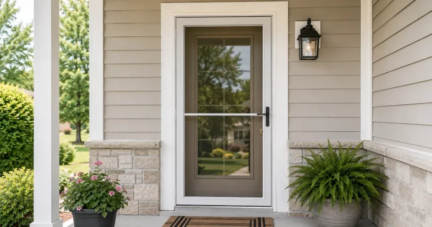 technician hanging storm door square and plumb in Crescent Town, East York
