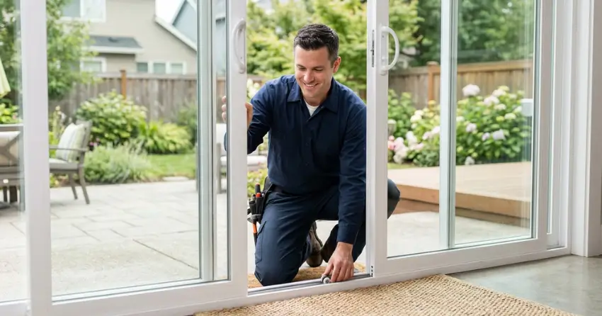 technician diagnosing a sticking patio door in Crescent Town, East York