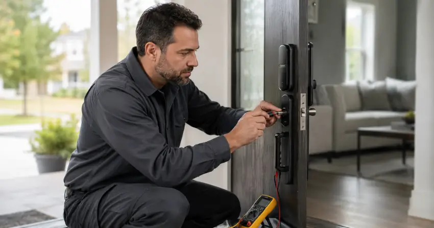 technician diagnosing automatic door lock mechanism on residential door in Leaside, East York