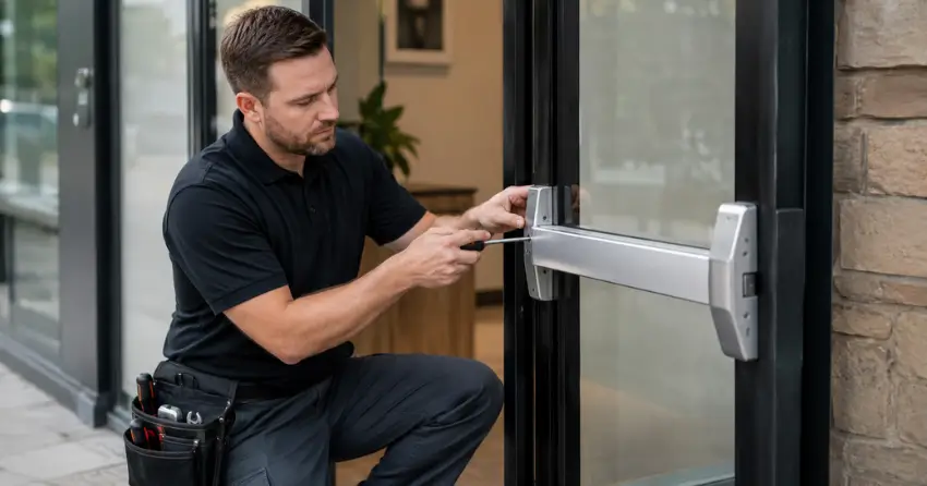commercial locksmith repairing exit device on storefront door East York