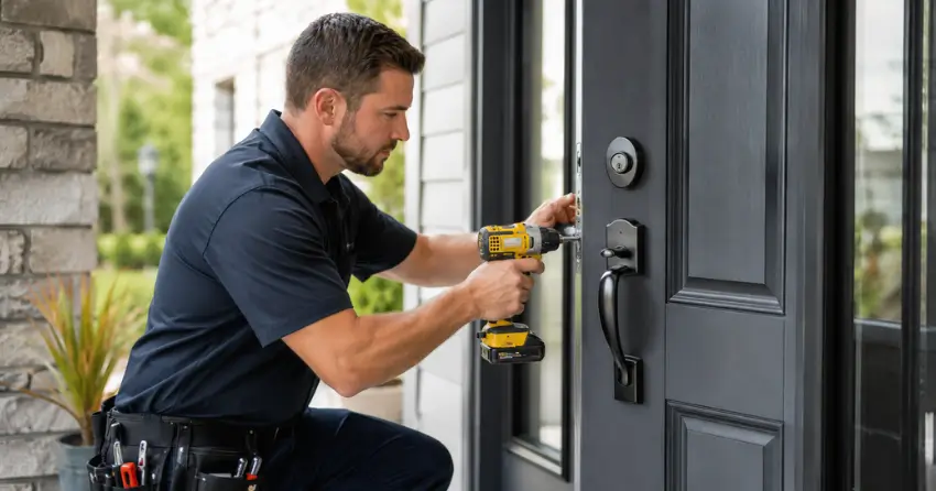 locksmith installing deadbolt lock on exterior door in East York