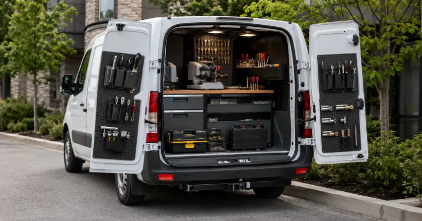 mobile locksmith service vehicle equipped with tools in East York