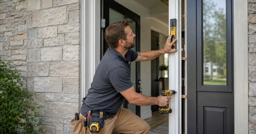 technician installing a new exterior door frame in East York