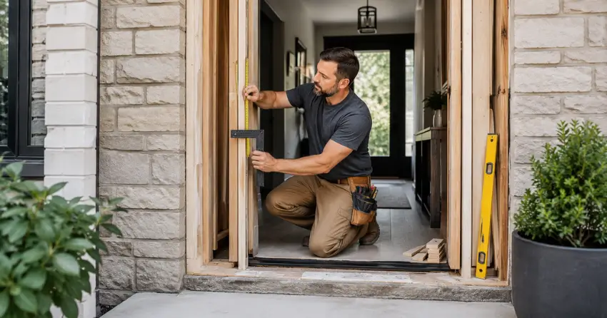 exterior door installer assessing rough opening in East York