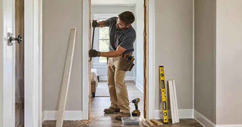 technician removing an old interior door frame during installation Governor