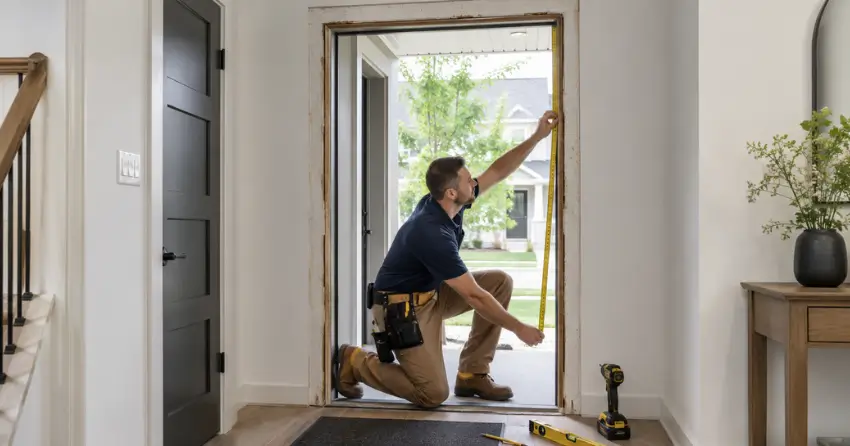 technician measuring a door frame before new door installation in Governor