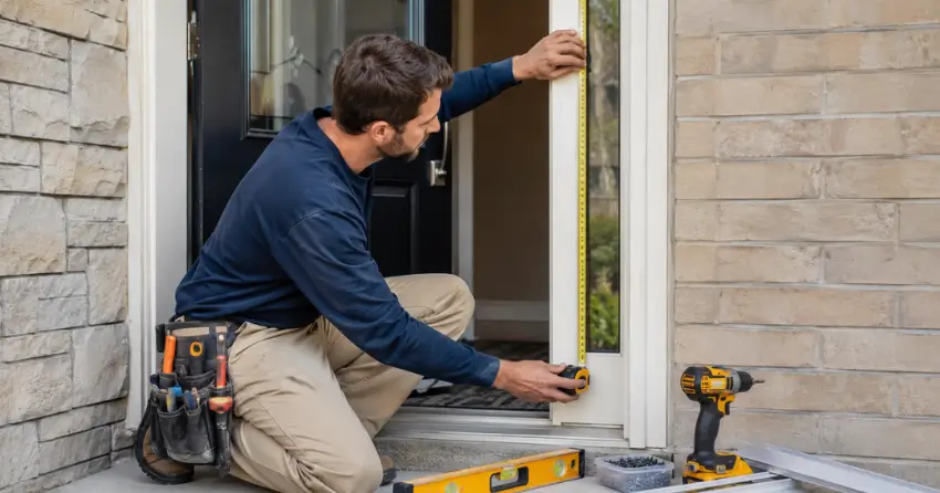 technician measuring door frame before storm door install in Woodbine Heights, East York