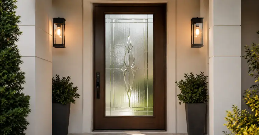decorative frosted glass panel installed in a front door in East York