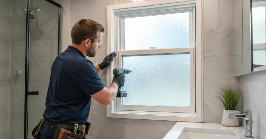 frosted glass installation bathroom window in Thorncliffe Park, East York