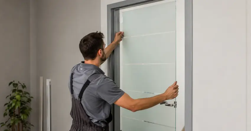 frosted glass interior door panel installation in Leaside, East York