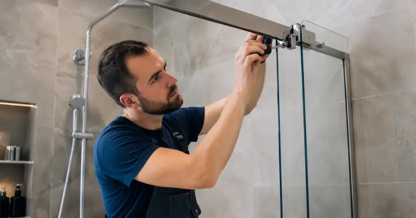 technician adjusting shower door hinge and track in Bennington Heights, East York