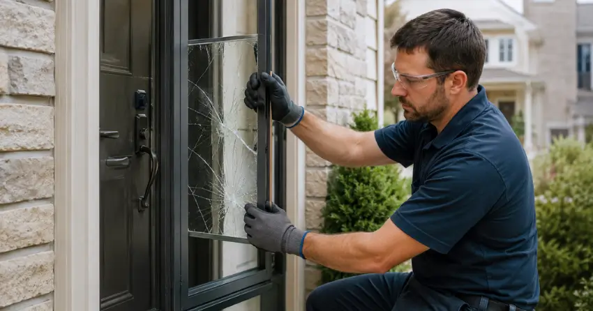 technician removing cracked storm door glass panel in Parkview Hills, East York