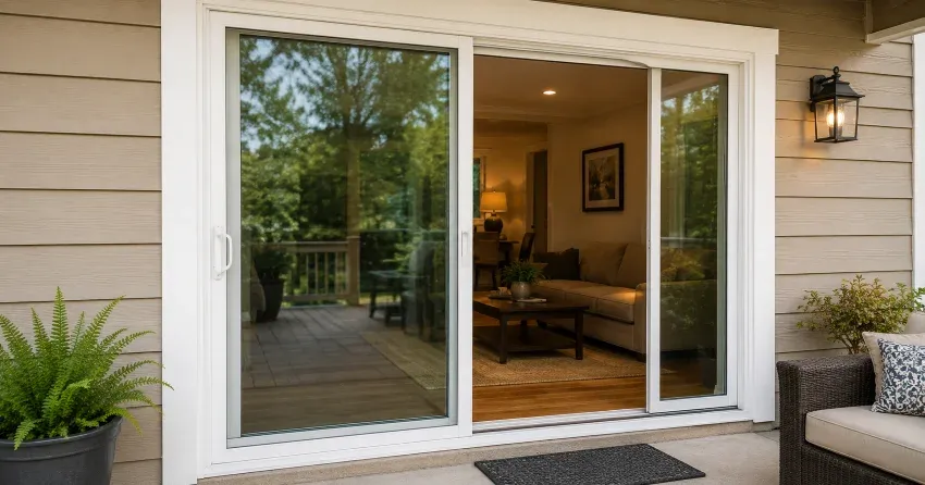 Patio Door Installation technician setting a new frame in Leaside, East York