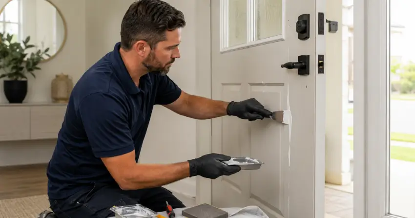 technician repairing fiberglass door surface crack in East York