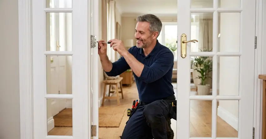 technician adjusting French door hinge for proper alignment in Topham Park, East York