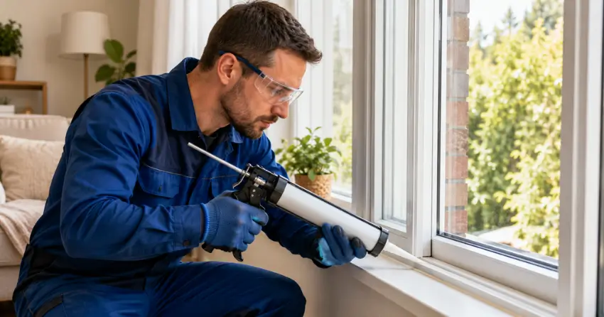 technician repairing window seal and frame in Crescent Town, East York