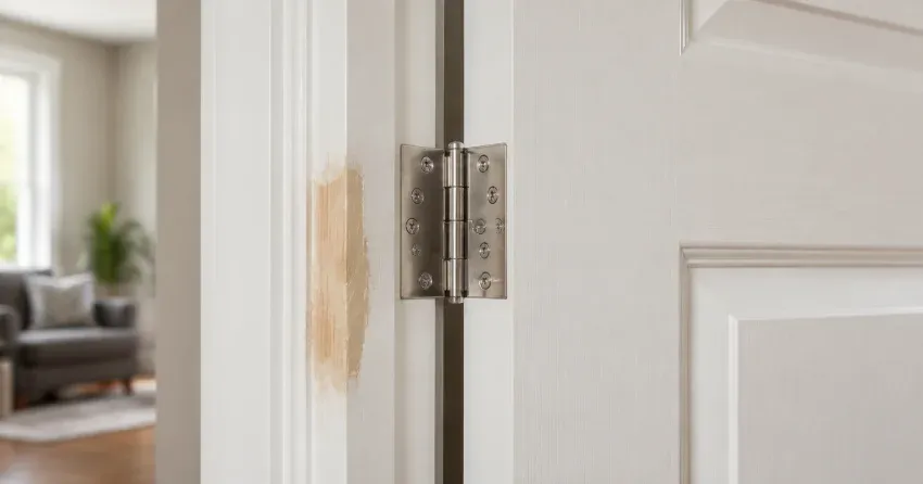 technician checking a warped door against a straightedge in Crescent Town, East York