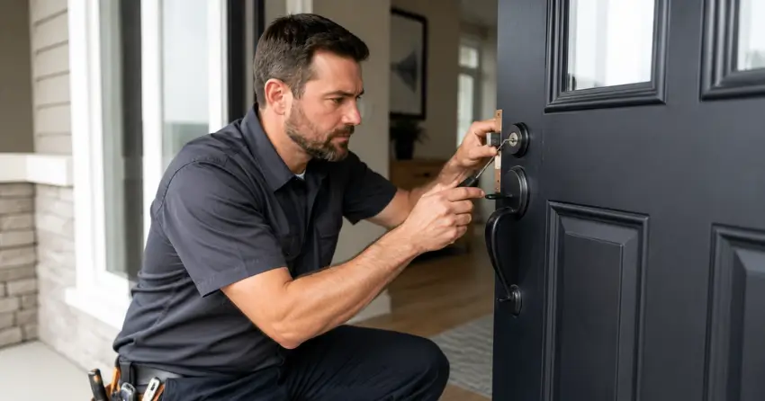 licensed locksmith technician working on residential deadbolt in East York