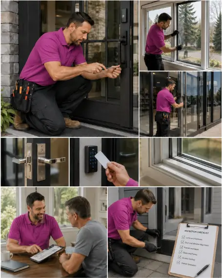 A technician fitting replacement hinges to a sagging entry door